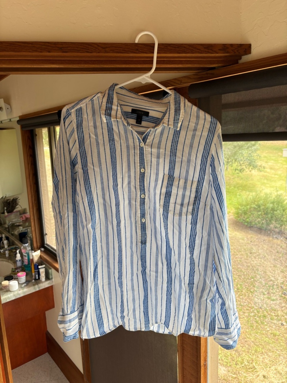 J. Crew White and Blue Striped Women's Button-Up Blouse